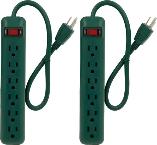 Clear Power Paquete de 2 regletas de alimentación de 6 tomas con cable corto de 1.5 pies, enchufe recto, 3 clavijas a tierra, verde, para