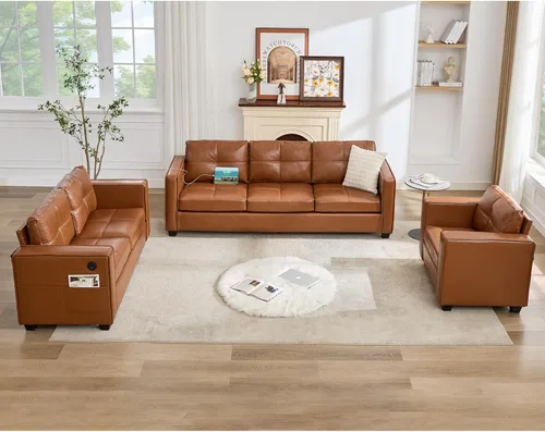 Vista 16 de TYBOATLE Sofá seccional de piel sintética para sala de estar, cómodos sofás tapizados con mechones de 88 pulgadas con cargador USB y tipo C, sofá