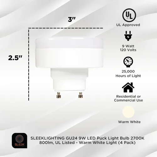 Vista 2 de SLEEKLIGHTING Bombillas LED de 2 clavijas con base GU24 de 11w-60Weq, luz de disco, listado UL, 120 V, mini bloqueo giratorio, 2700 k-regulable