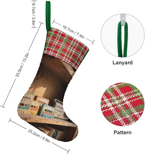 Vista 2 de Retro Cassette Tape Christmas Stocking 13.2in, Glitter Sequins Xmas Stocking with Hanging Loop, Fun Gift Bag for Holiday Party Decor, One