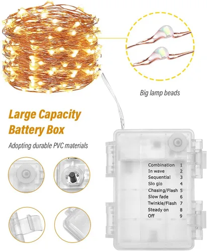 Vista 2 de Guirnalda de luces de hadas, 4 paquetes de luces LED, funciona con pilas, alambre de cobre impermeable con control remoto, luces de hadas