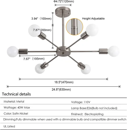 Vista 4 de Moderno Sputnik - Lámpara colgante de 6 luces de mediados de siglo, lámpara de techo semiempotrada, para isla de cocina, comedor, sala de estar
