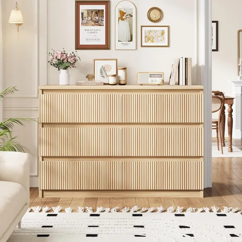 Vista 3 de Jocoevol Cómoda de Roble de 6 Cajones para Dormitorio, Cómoda Acanalada Moderna, Cómodas de Dormitorio con Cajones, Cofre Grande de Cajones