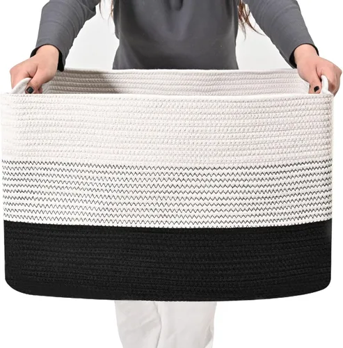 Vista 13 de ICERZCZ Cesta grande de manta negra, cestas de almacenamiento para mantas, cestas tejidas para almacenamiento, cesta de cuerda de algodón tejida
