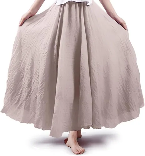 ASHER FASHION Falda larga estilo bohemio con cintura elástica de algodón y lino para mujer Beige