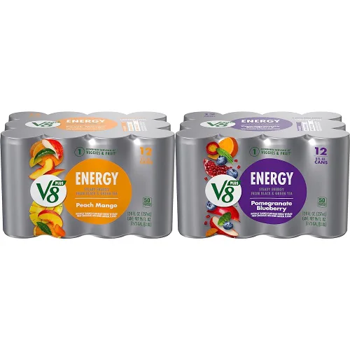 V8 Energy Variety Pack 24 unidades, durazno mango y granada arándano, lata de 8 onzas líquidas (2 paquetes de 12)
