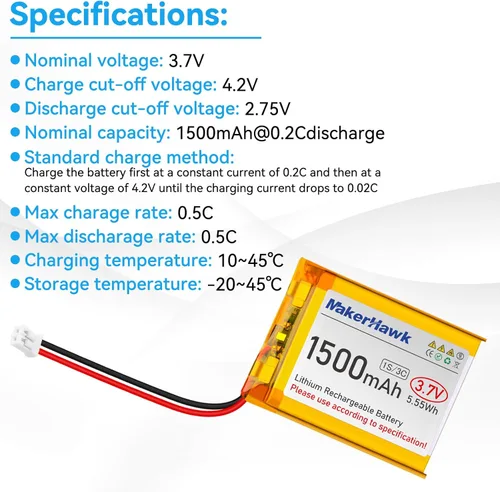 Vista 2 de Batería Lipo de 3.7 V 1500 mAh 604050 Batería recargable de polímero de litio con conector micro JST 1.25 Circuito de protección integrado