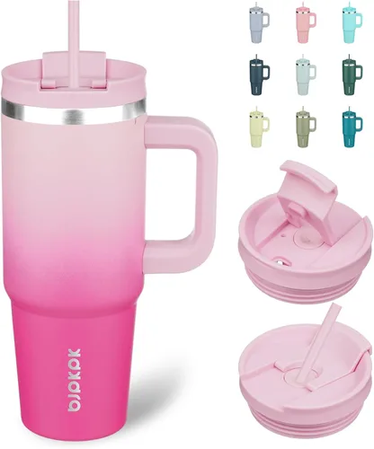 Vista 17 de BJPKPK Vasos aislados con asa y pajita, vasos térmicos de acero inoxidable de 30 onzas con tapa, color verde militar