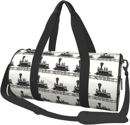 Large Duffle Bag for Travel - Black Retro Train Print Gym Bag for Women Men, Travel Foldable Bags for Women Men with Zippered Multiple Pockets