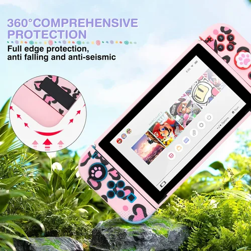 Vista 8 de DLseego Pink Love Leopard Carrying Case for Switch, Cute Silicone Protective Case Soft Cover with 4PCS Thumb Grip Caps and Pink Plush Heart Pendant