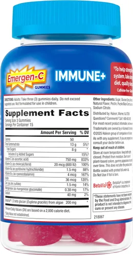 Vista 9 de Emergen-C Immune+ Triple Action Immune Support Gummies, BetaVia (R), 1000mg Vitamin C, B Vitamins, Vitamin D and Antioxidants, Raspberry – 45 Count
