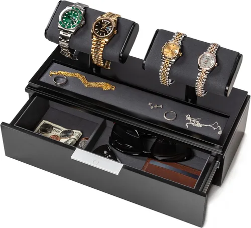 Vista 8 de QWATCH - Caja de acrílico para 2 o 4 relojes con bandeja de valet de joyería y cajón