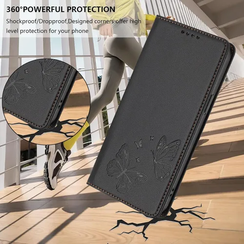 Vista 5 de Wallet Case for Motorola Moto E22i 2022 PU Leather & TPU Magnetic Flip Cover with RFID Blocking, 2 Card Slots & Cash Pocket, Shockproof Bumper, Black