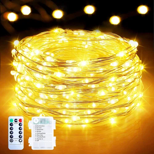 Guirnalda de 200 luces LED de 70 pies, funciona con pilas con control remoto y temporizador, luces parpadeantes de alambre plateado para exteriores