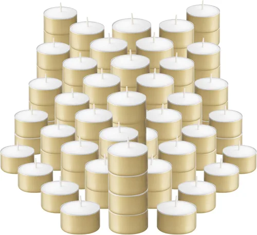 BOLSIUS Velas doradas de té 100 unidades, velas de té de larga duración sin perfume con mechas de algodón y 8 horas de combustión Velas de té de