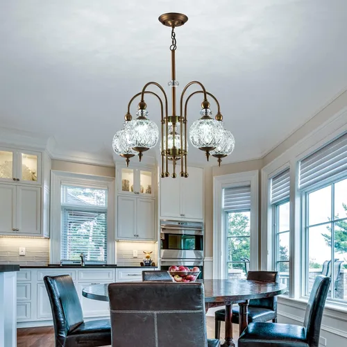 Vista 7 de Vintage Glass Globe Shade Chandelier 5 Lights Rustic Adjustable Hanging Ceiling Light Fixture Farmhouse Pendant Lighting for Dinning Room Living