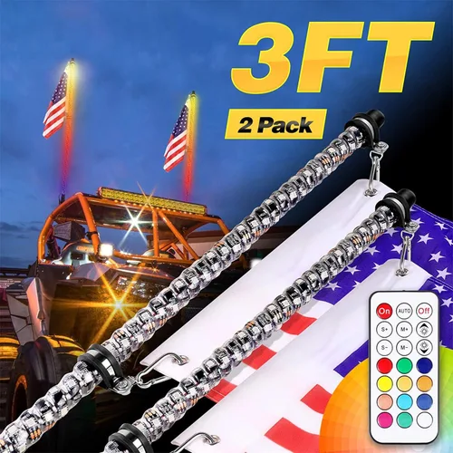 Paquete de 2 luces LED RGB de 3 pies, 360° en espiral RGBW RGB LED de persecución/danza, luz de antena con control remoto RF, luces de látigo para