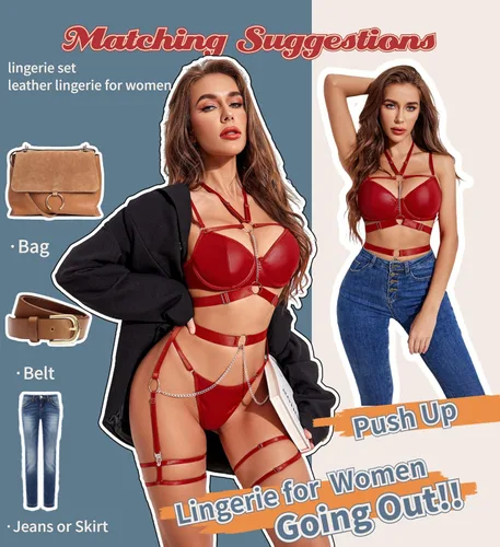 Vista 3 de Avidlove Conjunto de lencería sexy para mujer, 5 piezas, liga de lencería con aros y brasier push up y cadena
