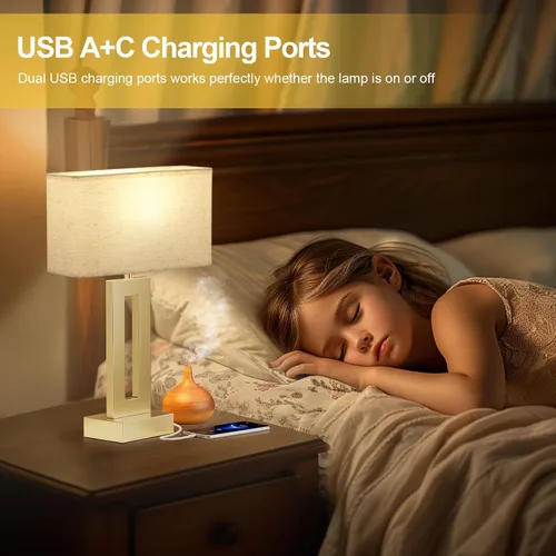 Vista 7 de Juego de 2 lámparas de mesa para dormitorio de Seealle - Lámparas de mesita de noche doradas con tacto beige, puertos USB C+A, lámpara dorada