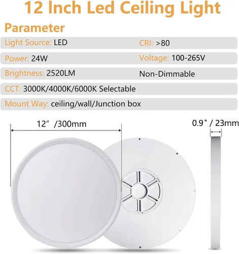 Vista 4 de 4PK - Lámpara de techo LED empotrada de 12 pulgadas, 24 W, 2520 LM, 3000 K/4000 K/6000 K CCT seleccionable, luz de techo LED súper delgada, cerca