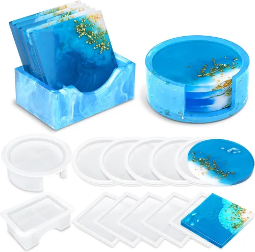 Vakoo Moldes de posavasos de resina, 12 moldes de silicona para resina epoxi, con caja de almacenamiento cuadrada y redonda para manualidades
