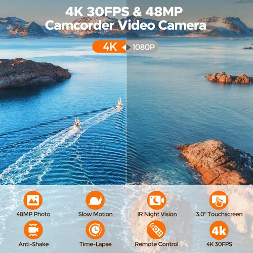Vista 8 de Videocámara 4K de 48 MP, cable de cámara de visión nocturna IR, pantalla táctil de rotación de 270 ° de 3.0 pulgadas, cámara de vlogging con zoom