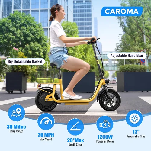 Vista 58 de Caroma Electric Scooter with Seat, Max 30 Miles Range&20MPH Speed, Peak 800/1200W Motor, Foldable Electric Scooter for Adults and Teens, Commuter E