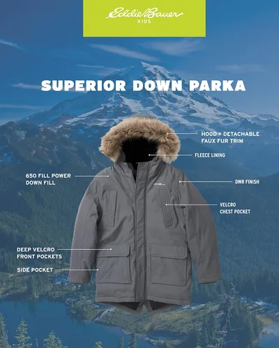 Vista 2 de Eddie Bauer Abrigo de invierno para niños Chaqueta impermeable de plumón pesado con capucha de piel sintética 3-16