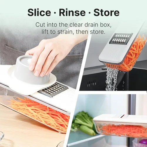 Vista 4 de ZKIRON Cortador de mandolina para cocina con caja de drenaje, rebanador de verduras de mano 6 en 1 para preparación de ensaladas, cortador de pepino