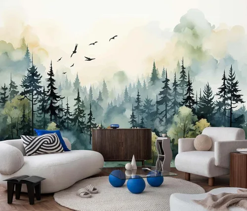 Vista 12 de Jdayda Mural de papel tapiz de bosque brumoso, mural de pared grande de bosque vintage para sala de estar, dormitorio, baño (no autoadhesivo)