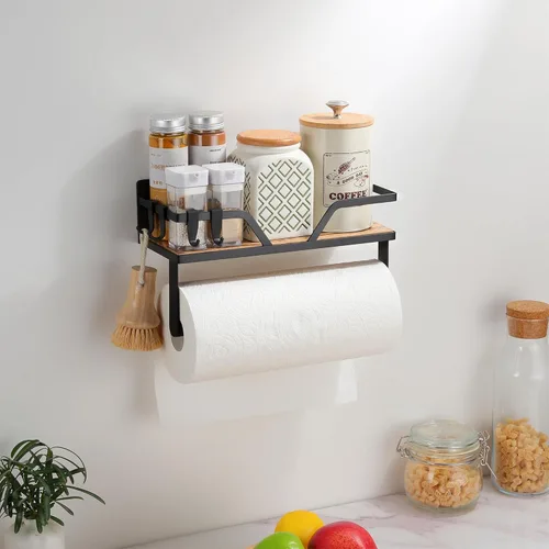 Vista 5 de SUNTECH Magnetic Paper Towel Holder with Shelf, 2 Pack Kitchen Roll Holder with 4 Hooks, Farmhouse Spice Rack Organizer Strong Magnets for Fridge