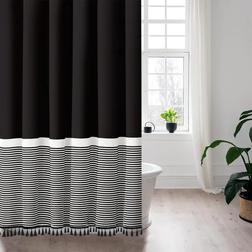Vista 14 de Cortina de ducha gris Seasonwood Moderna de tela con borlas blancas, cortinas de ducha estilo casa de campo a rayas, impermeable, 72x72 pulgadas