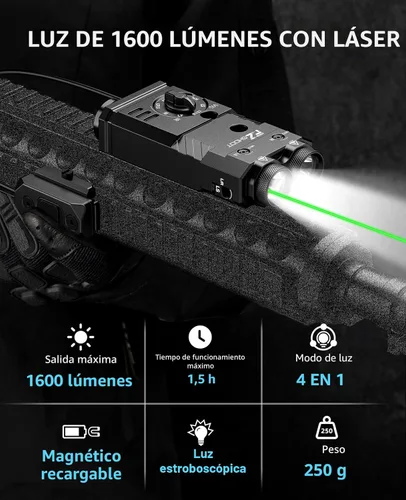 Vista 2 de EZshoot Linterna de rifle de 1600 lúmenes/iluminador IR con láser verde/IR 4 en 1, combo magnético recargable, linterna IR para rifle