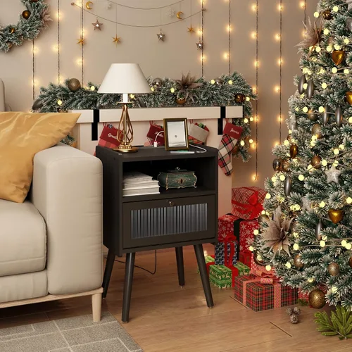 Vista 11 de Mesita de noche moderna de mediados de siglo con estación de carga, mesitas de noche con cajón de cristal, mesa auxiliar con espacio