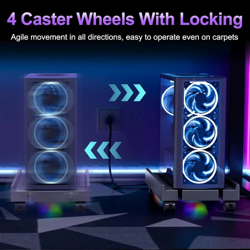 Vista 6 de Soporte de torre ajustable para computadora con ventilador enfriador y luz, soporte de PC para piso, soporte de CPU móvil con 4 ruedas giratorias