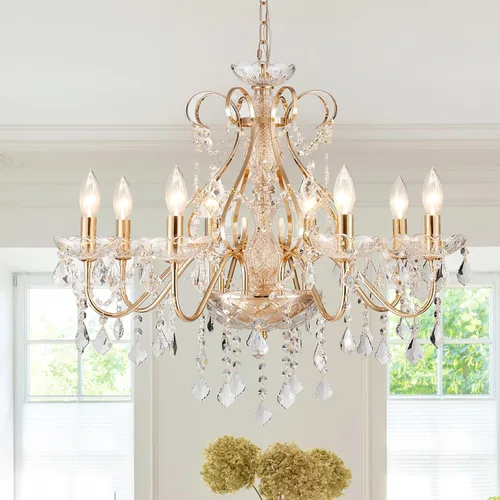 Vista 12 de Saint Mossi - Lámpara de araña de cristal de 5 luces, moderna lámpara colgante de cristal dorado, candelabro de gota de lluvia dorada francesa