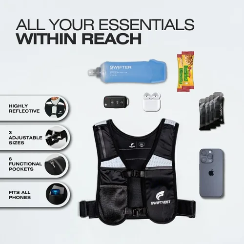 Vista 2 de Chaleco SWIFTVEST con Soporte para Teléfono para Correr con Botella de Agua de 500ml/17oz Chaleco de Hidratación Reflectante Ajustable Ligero