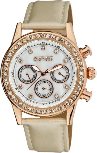 August Steiner AS8018 - Reloj multifunción con cristales brillantes en bisel y marcadores de hora en correa de piel auténtica
