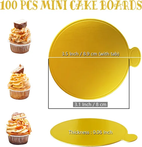Vista 2 de Mini tablas para pastel, tablas para pastel doradas 100 piezas, base para pastel de grado alimenticio, base circular dorada de 8,1 cm, redonda