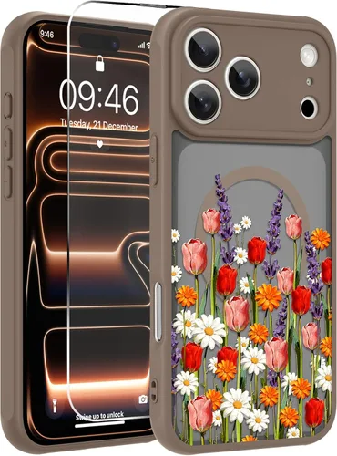 Vista 48 de OOK Funda magnética para iPhone 13 Pro Max [compatible con MagSafe] Funda delgada translúcida mate con flor silvestre negra, protección para lente
