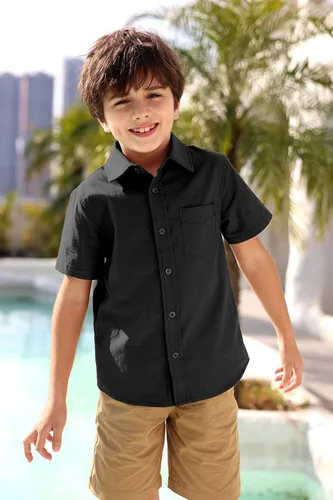 Vista 2 de Camisas de vestir de manga larga para niños con cuello clásico, botones y bolsillo en el pecho, camiseta de algodón sólido
