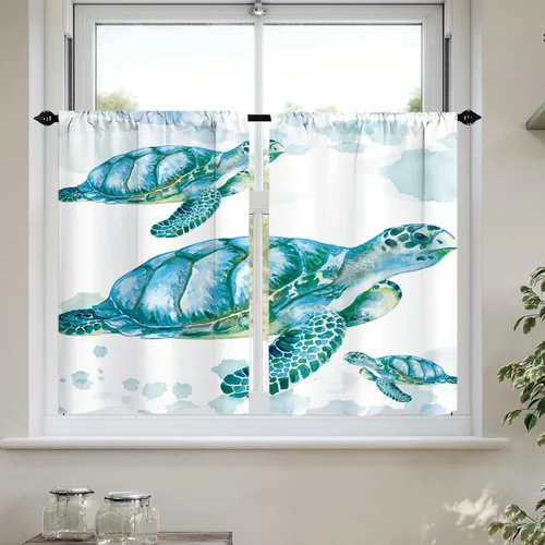 Vista 14 de Cortinas cortas de playa con diseño náutico de tortugas marinas y estrellas de mar para dormitorio, juego de 2 paneles de 27.5 pulgadas de ancho x