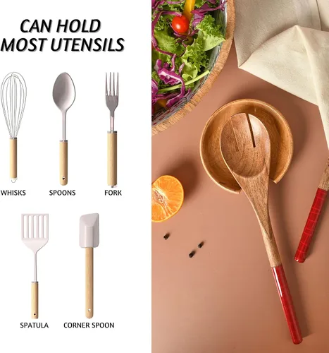 Vista 6 de Folkulture Soporte para cucharas de madera de acacia para estufa, encimera de cocina, encimera, bohemio, granja (4.7 pulgadas, natural)