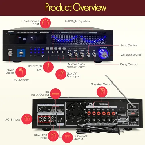 Vista 2 de Pyle - Amplificador híbrido Bluetooth para el hogar - Receptor de amplificador de potencia estéreo de montaje en rack de 6 canales, 2000 W