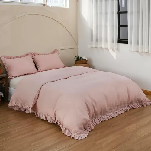 Vista 7 de Simple&Opulence Juego de funda de edredón de 100 % lino, lino francés natural, color rosa rubor con volantes, tamaño individual, funda de edredón