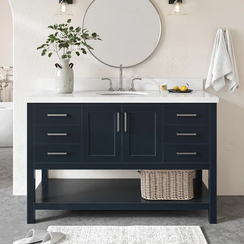Vista 25 de ARIEL Tocador de baño negro de 55", encimera de cuarzo blanco puro con borde de 1.5" y salpicadero, lavabo rectangular, 2 puertas de cierre suave, 4