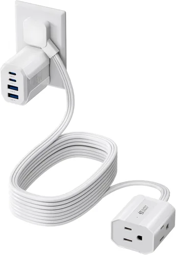 Vista 13 de Cable de extensión corto de 1.5 pies SUPERDANNY, regleta de enchufe plano en ángulo recto, cable de extensión de 13 A para interiores con 3 tomas