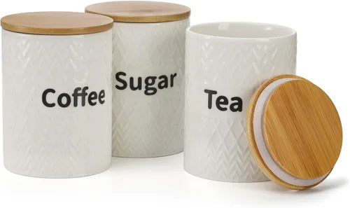 Vista 5 de Peohud Juego de 3 recipientes de cerámica para cocina, tarros herméticos de almacenamiento de alimentos de 29 onzas con tapas de bambú, juego