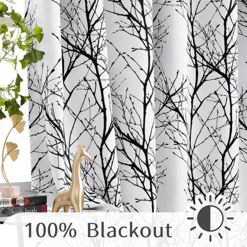 Vista 3 de FMFUNCTEX Cortina de cenefa 100% opaca en blanco y negro para cocina, baño, 18 pulgadas de largo, estampado de ramas de árbol, sala de estar