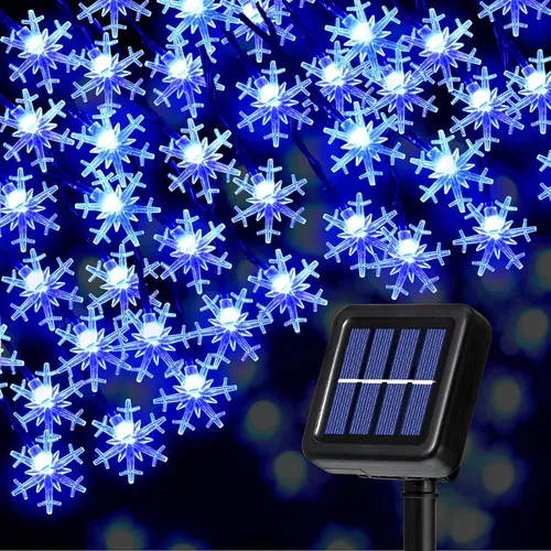 Vista 8 de Mudder Tira de 80 luces LED de Navidad más grandes de 33 pies con forma de copo de nieve, funciona con energía solar, tira de luces impermeables Luz